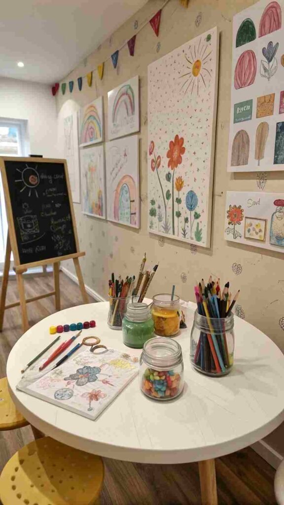 The walls feature rotating art by your tiny Picasso. The table is surrounded by jars of crayons and brushes, ready for the next masterpiece. A chalkboard filled with colorful scribbles invites endless fun.