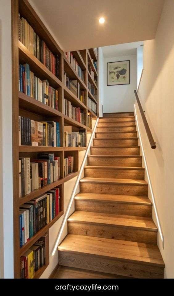 Bookshelves Built into the Staircase