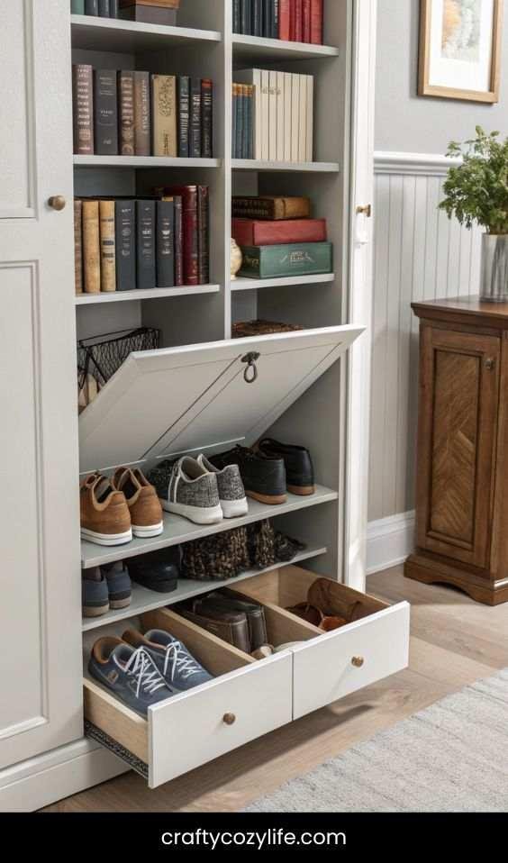 Shoe Storage Inside a Bookshelf